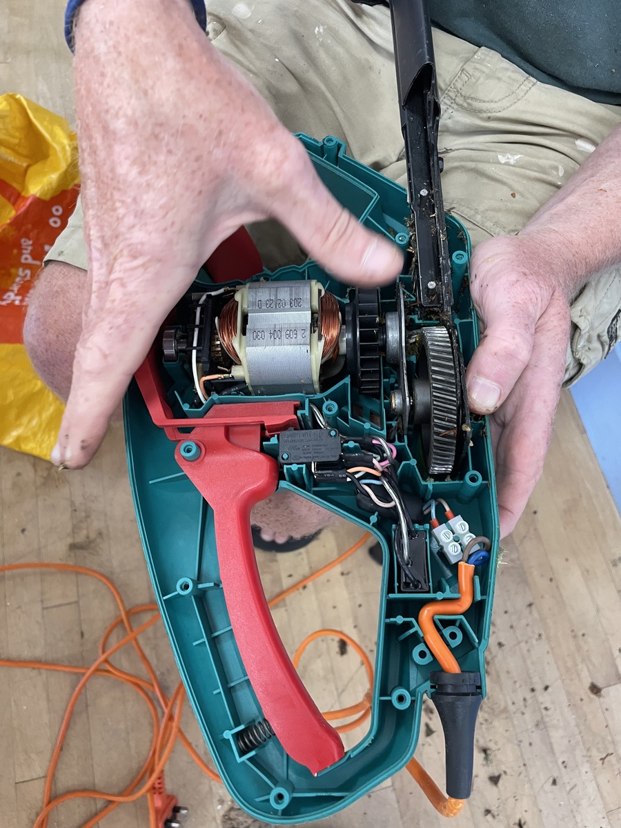 A hedge trimmer after repair at Tregony Repair Café