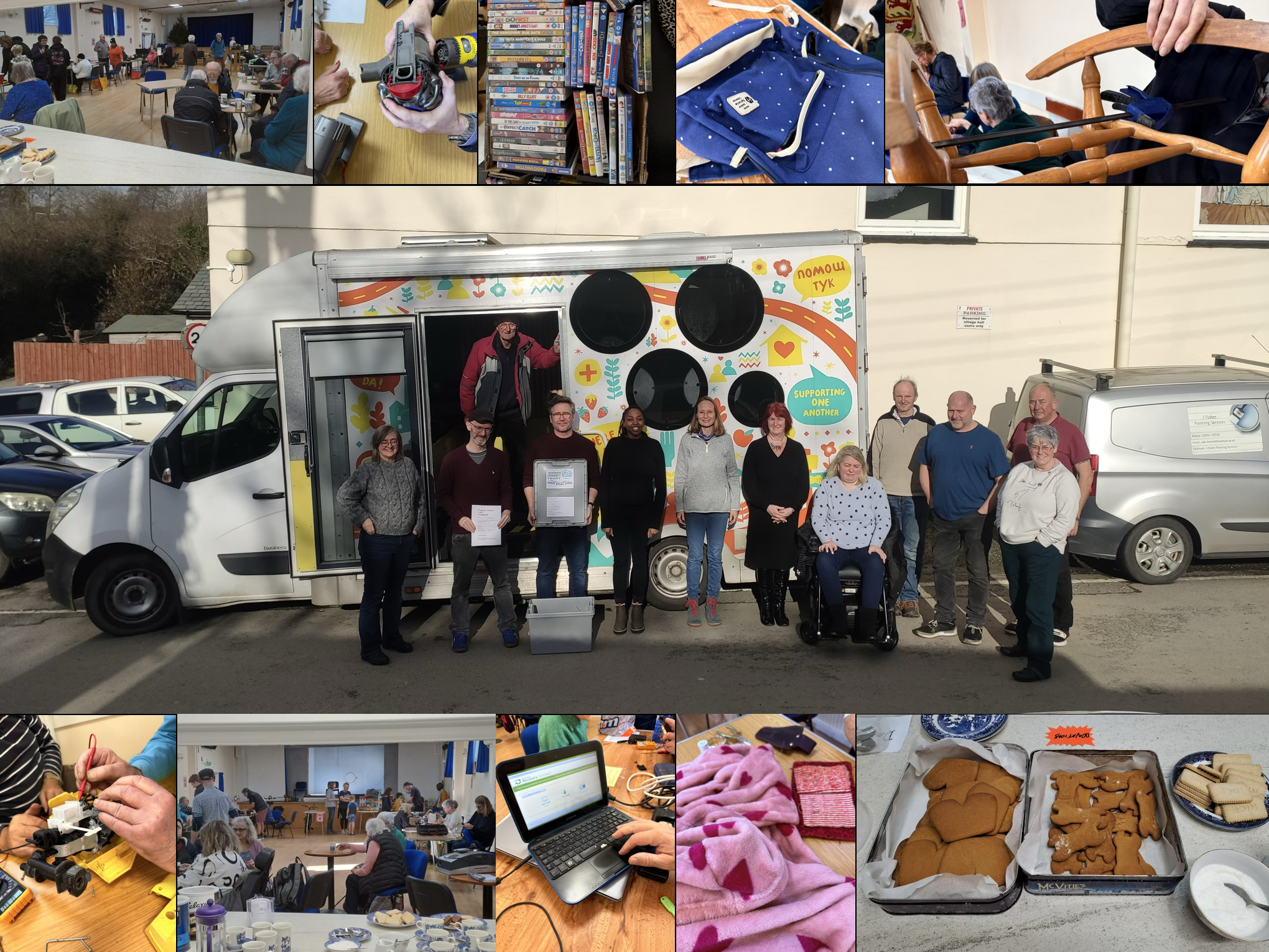 Montage of repair café activities and volunteers