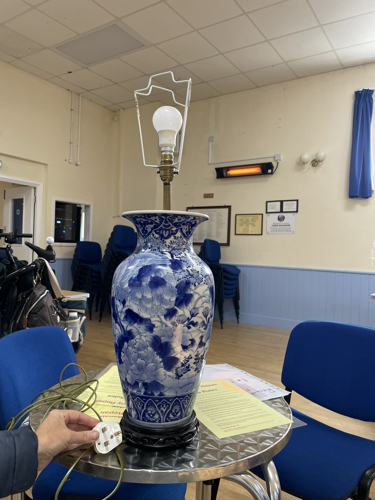 Blue porcelain lamp repaired