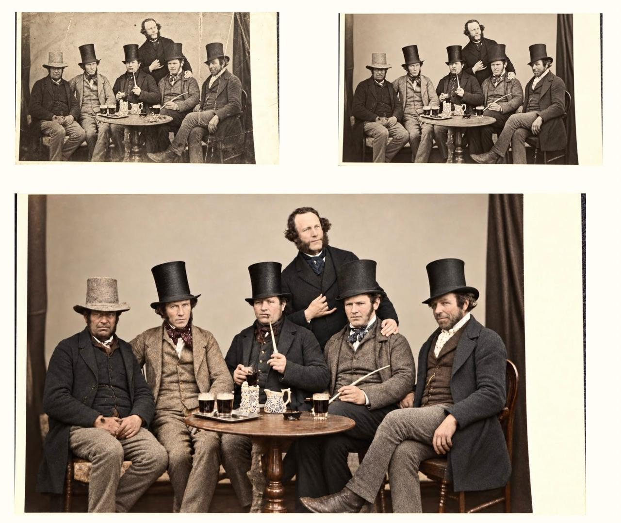 Three versions of a family group portrait: original upper left, upscaled monochrome upper right, and colourised version below.